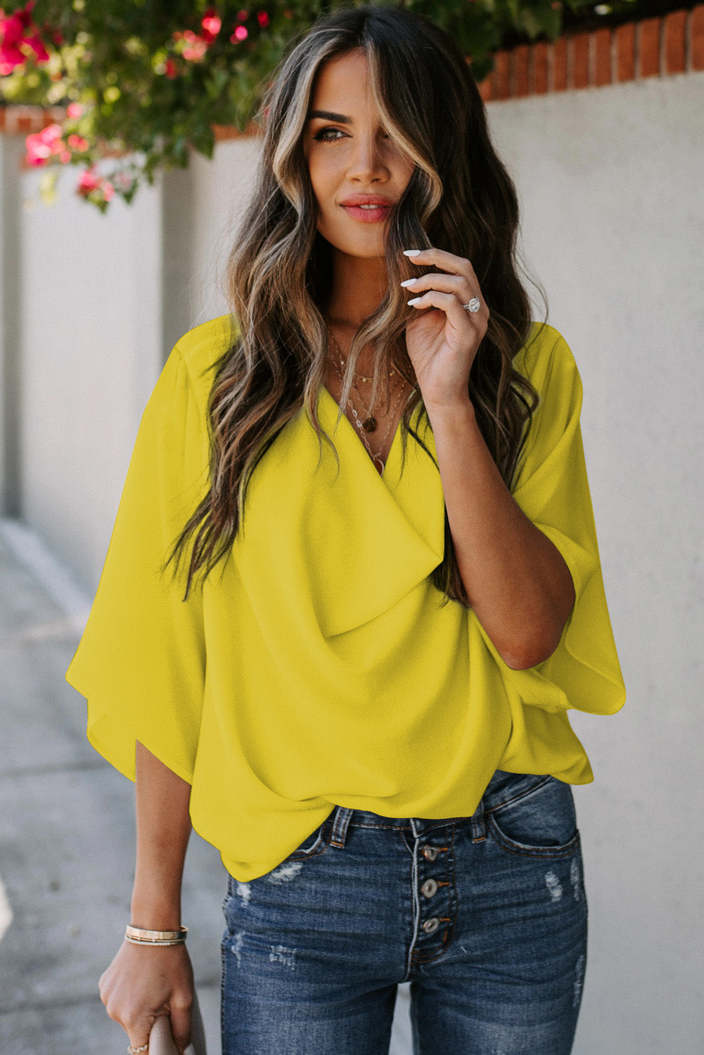 Golden Glow Women's Casual Summer Sleeve Wrap V Neck Draped Blouses Shewin