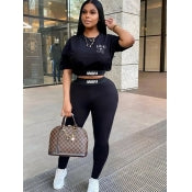 LW SPORTY WOMENS BLACK  TWO-PIECE CROP TOP PANTS SET W/WHITE LETTER PRINT