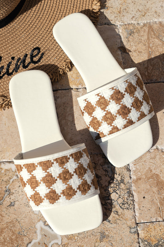 SHEWIN WHITE PLAID PRINT SQUARE TOP SLIP ON SLIDES SHOES