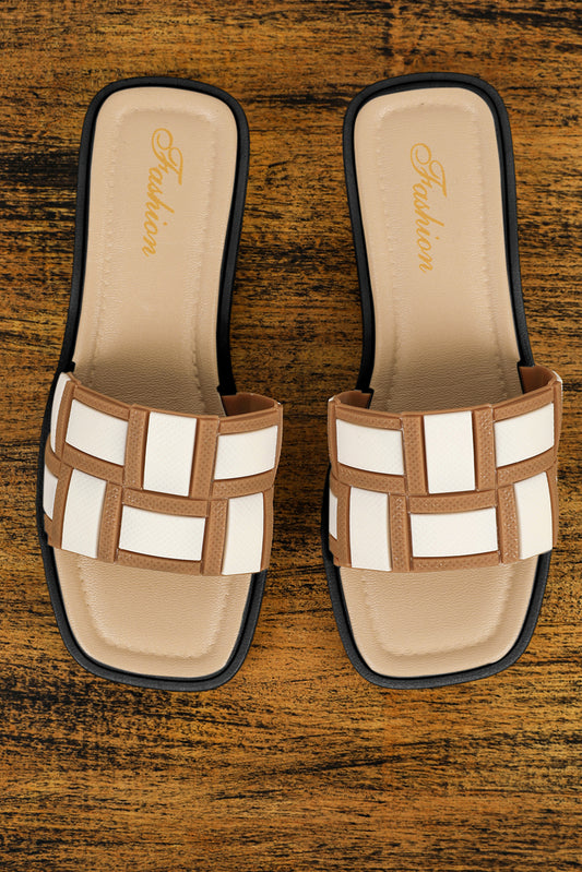 SHEWIN BEIGE CONTRAST PU LEATHER SQUARE TOE SLIDE SHOES