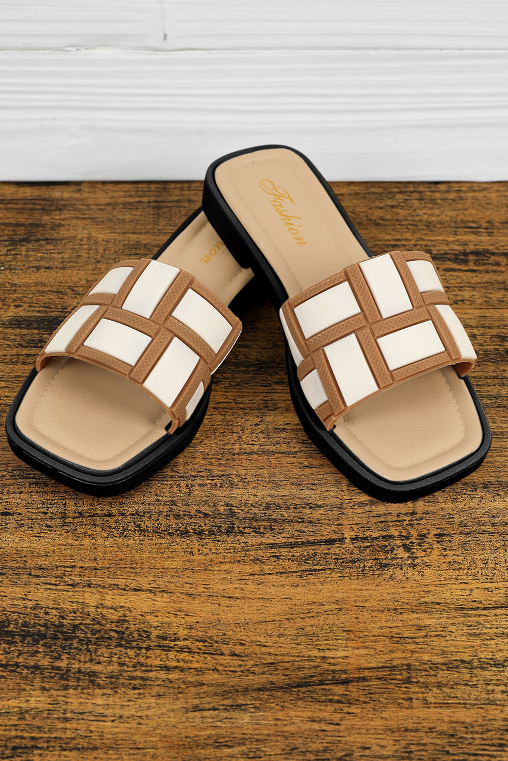 SHEWIN BEIGE CONTRAST PU LEATHER SQUARE TOE SLIDE SHOES