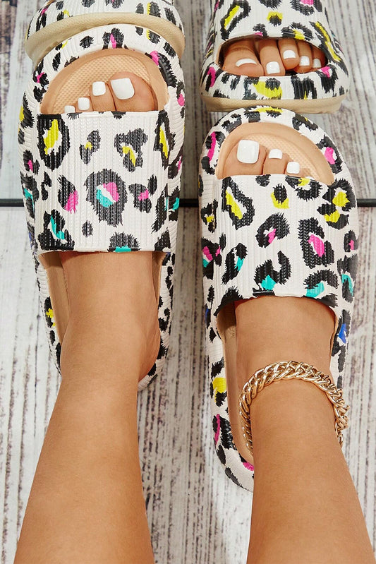 SHEWIN WHITE LEOPARD PRINT OPEN TOE THICK SOLE SLIPPERS