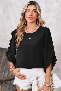 SHEWIN FIERY FRILL TRIM PLAIN TULIP SLEEVE BLOUSE