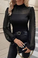 SHEWIN WOMENS BLACK STAND COLLAR STRIPED MESH LANTERN SLEEVE TOP