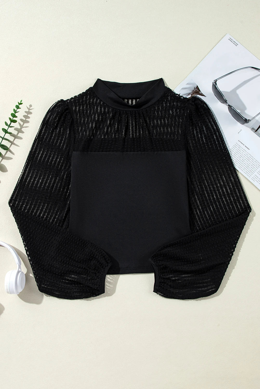SHEWIN WOMENS BLACK STAND COLLAR STRIPED MESH LANTERN SLEEVE TOP