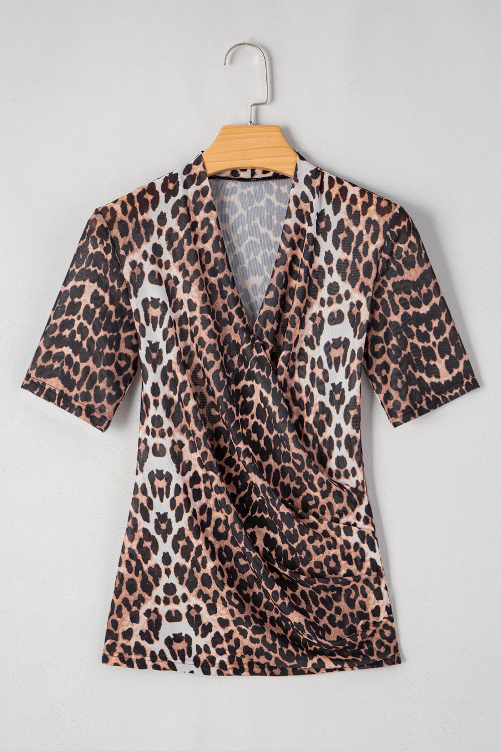 SHEWIN WOMEN BLACK LEOPARD WRAPPED V-NECK SHORT-SLEEVE T-SHIRT