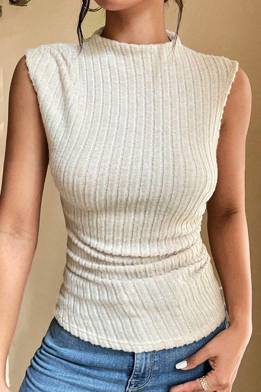 SHEWIN WOMEN APRICOT RIBBED KNIT MOCK NECK TANK TOP