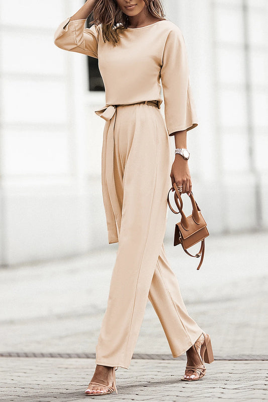 SHEWIN WOMENS APRICOT BOAT NECK KNOT WIDE LEG JUMPSUIT