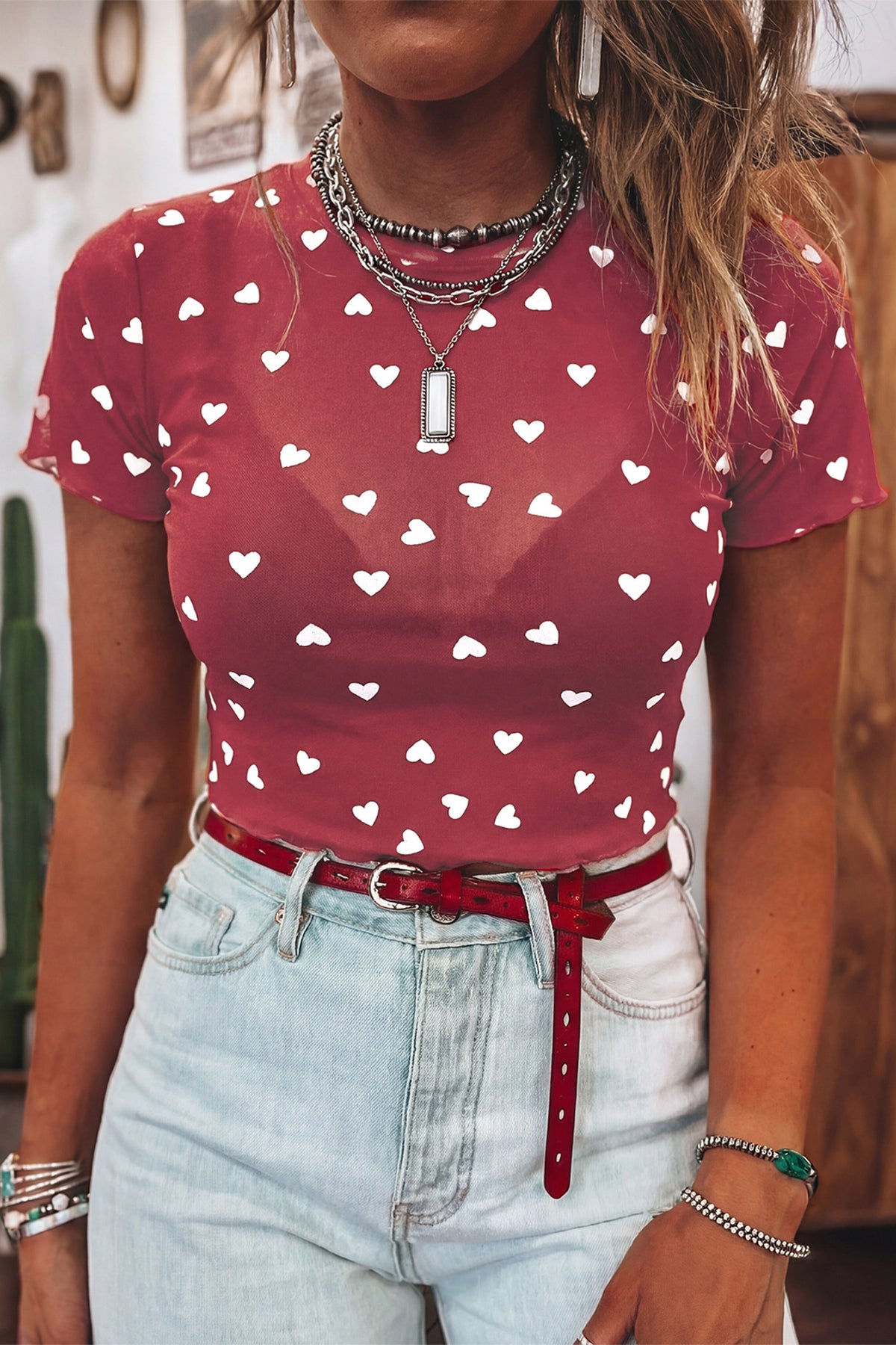 Pink Allover Heart Print Mesh Short Sleeve Top Shewin