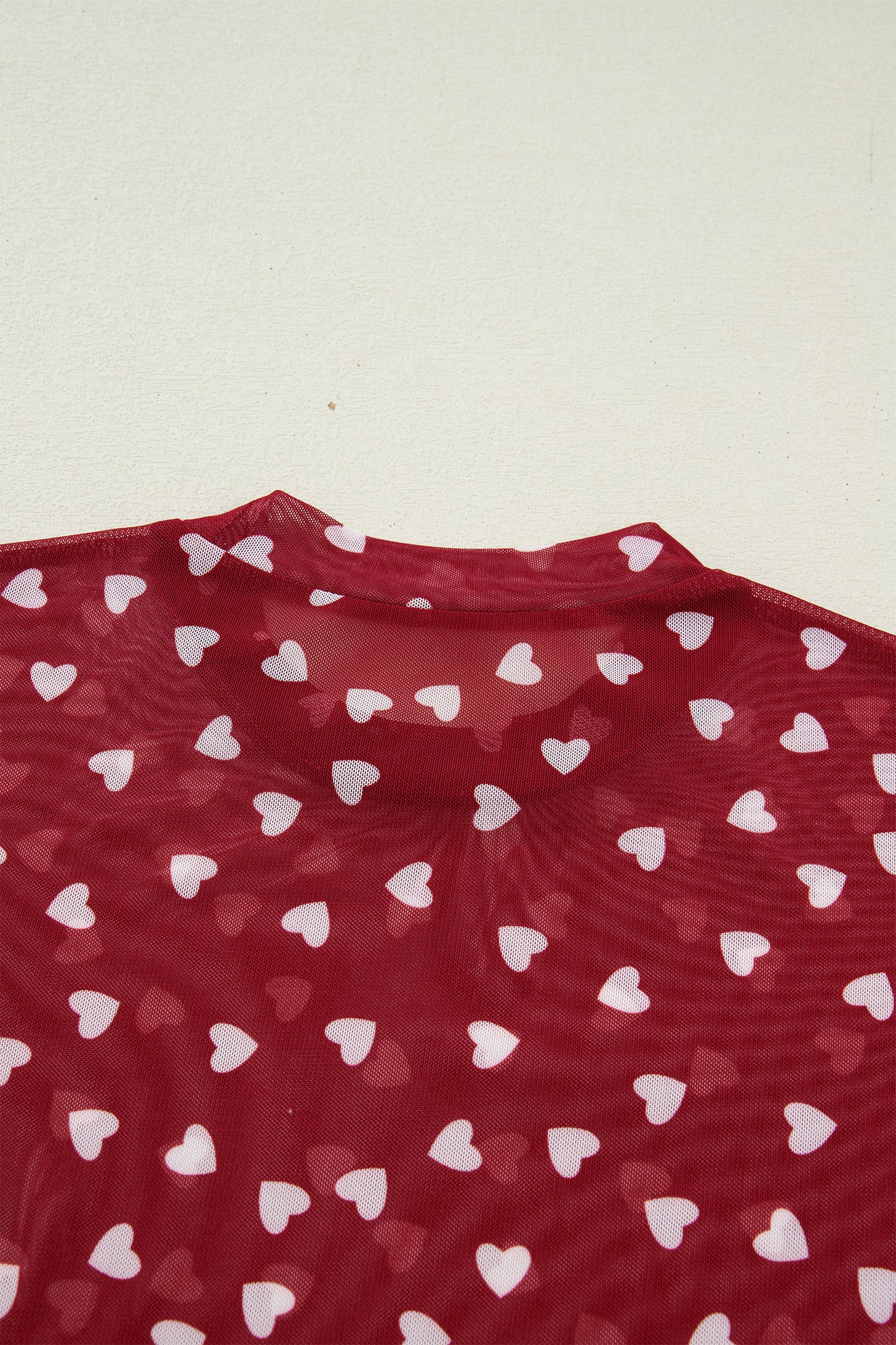 Pink Allover Heart Print Mesh Short Sleeve Top