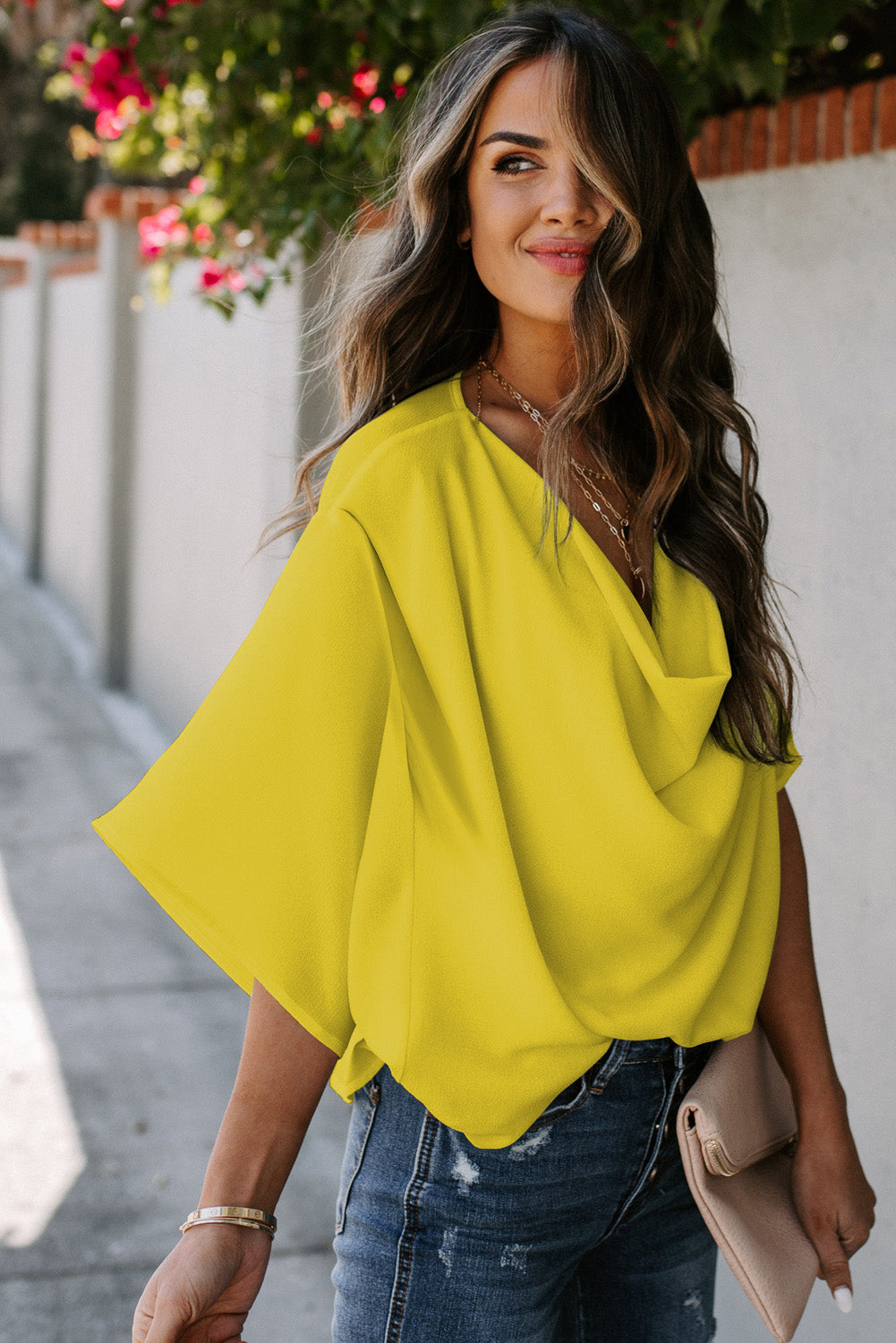 Golden Glow Women's Casual Summer Sleeve Wrap V Neck Draped Blouses Shewin