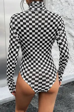 SHEWIN WOMEN BLACK CHECKERED PRINT LONG SLEEVE MOCK NECK BODYSUIT