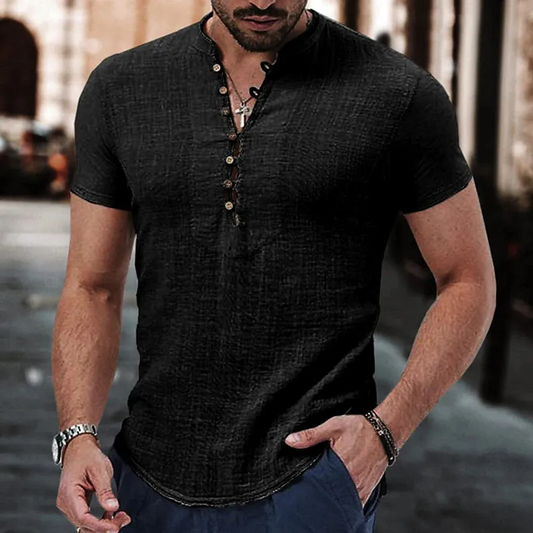 PHILLYS TREASURE MEN BLACK VERSATILE LINEN SHORT SLEEVE SHIRT