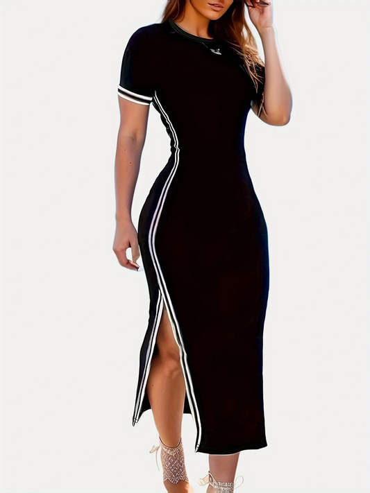 PHILLYS TREASURE WOMEN ROUND NECK SHORT SLEEVE ONE SIDE SPLIT DRESS