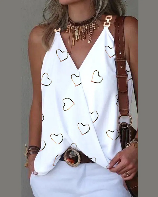 PHILLY'S TREASURE HEART PRINT V-NECK METALLIC BUCKLE TANK TOP