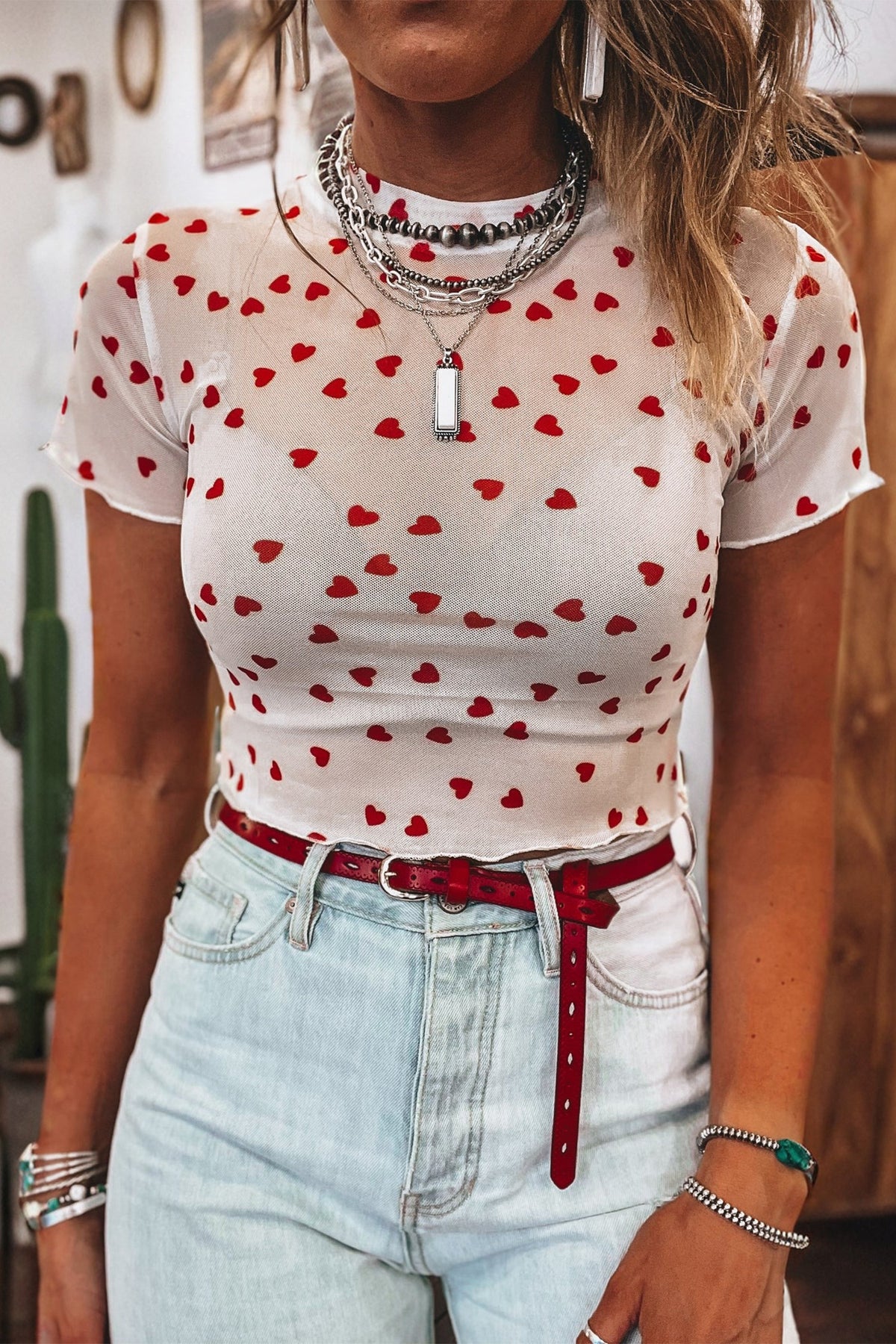 Pink Allover Heart Print Mesh Short Sleeve Top Shewin