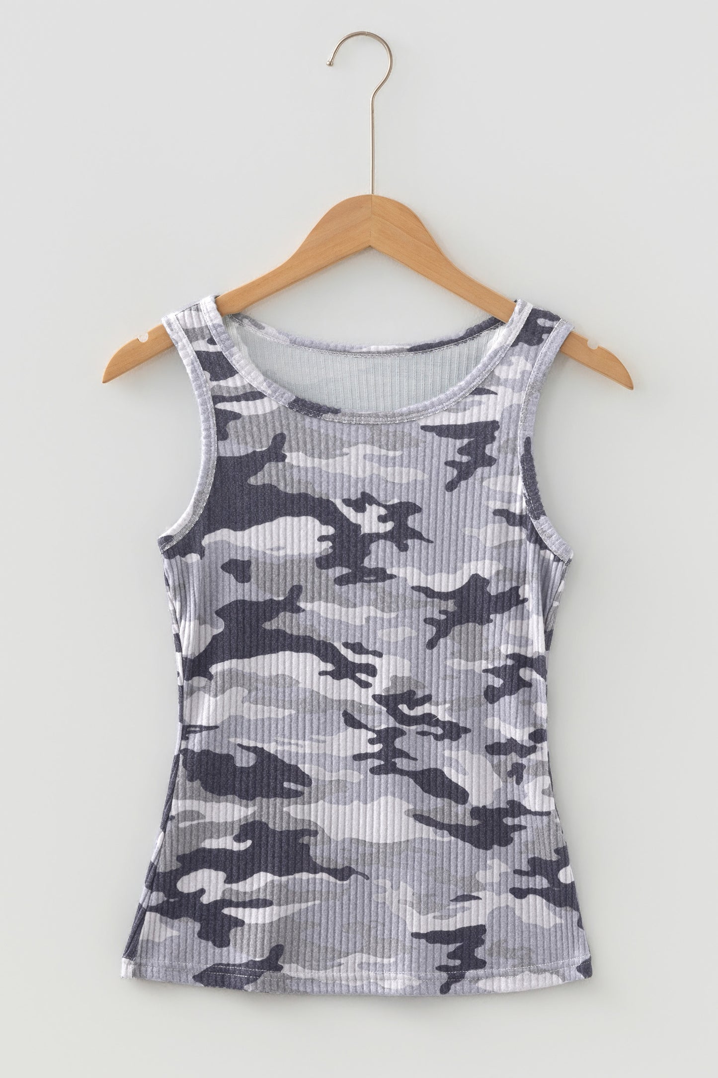 Green Camouflage Print Ribbed Knit Round Neck Tank Top