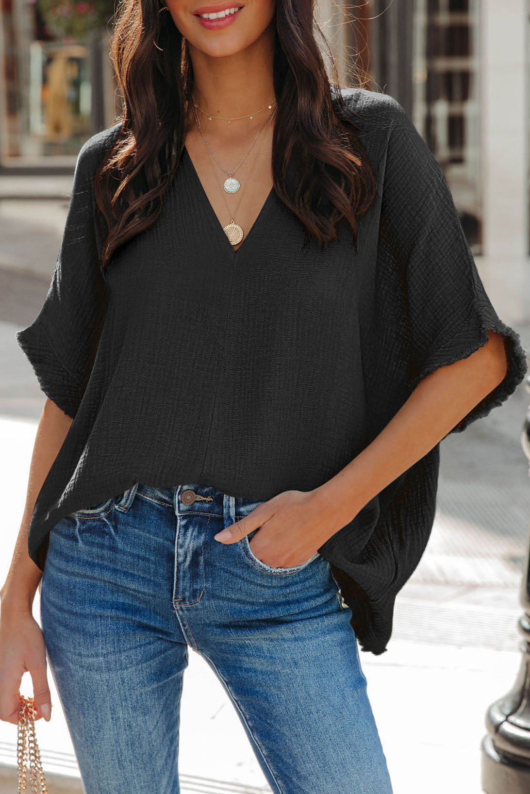 Sky Blue Frayed Batwing Sleeve Textured Cotton Blouse Shewin