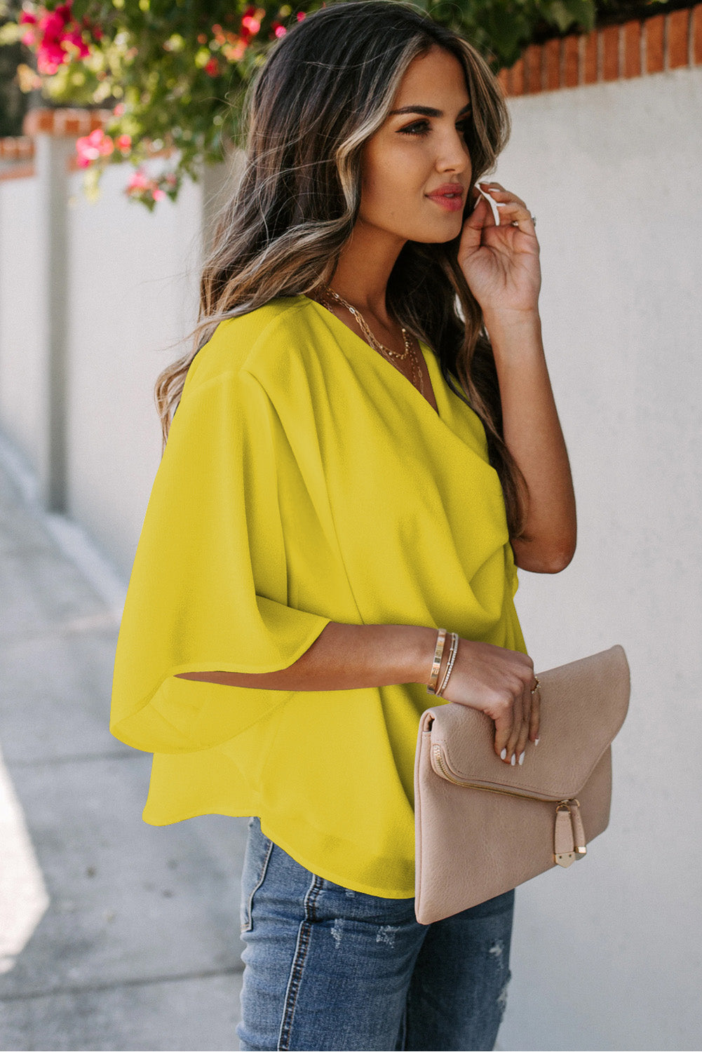 Golden Glow Women's Casual Summer Sleeve Wrap V Neck Draped Blouses Shewin