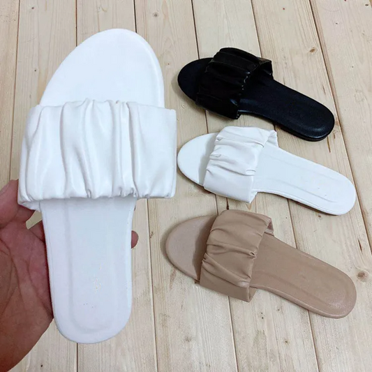 WOMEN RUFFLED LEATHER LOW HEEL SANDALS