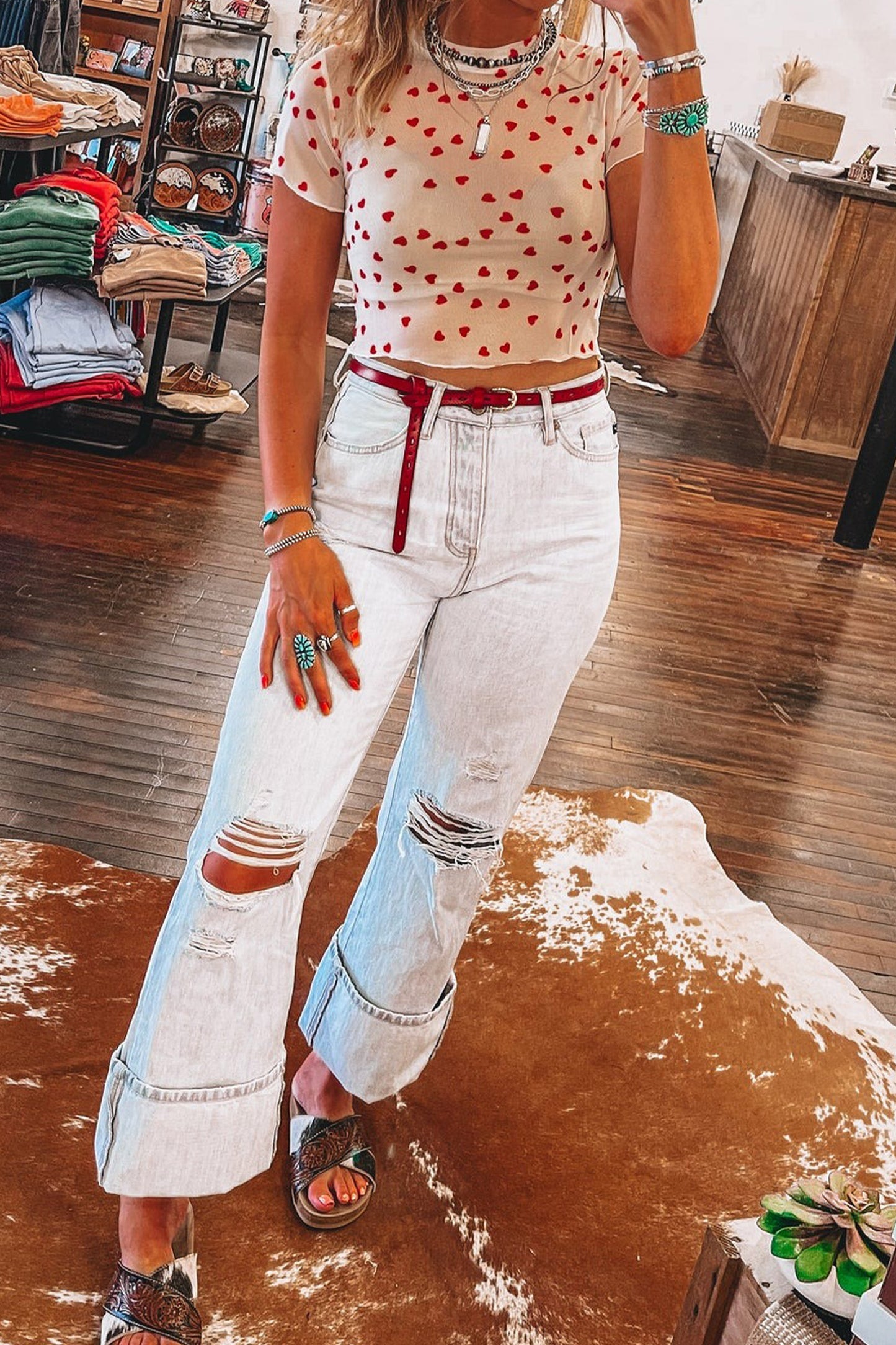 Pink Allover Heart Print Mesh Short Sleeve Top