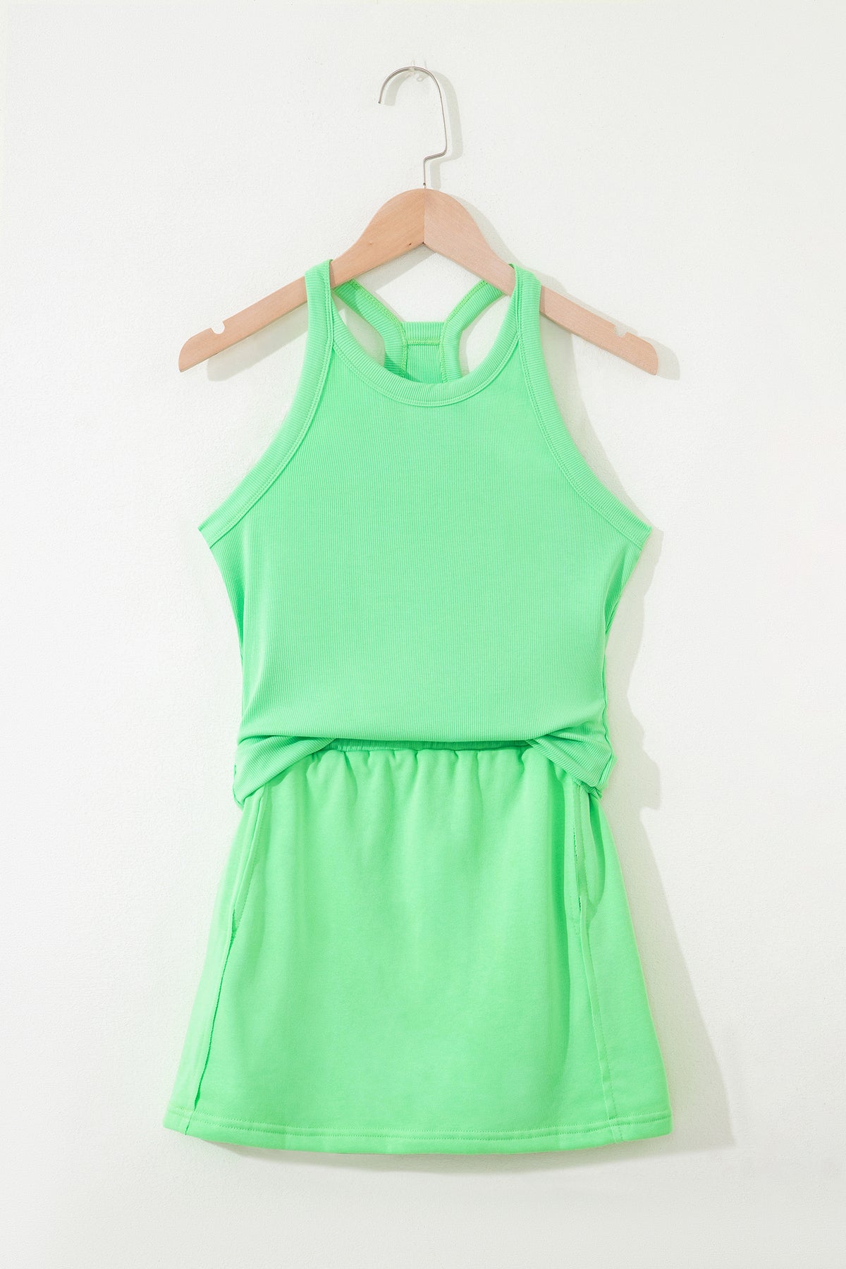 Green Slim Tank Top Elastic Waist Mini Skort 2pcs Outfit Shewin
